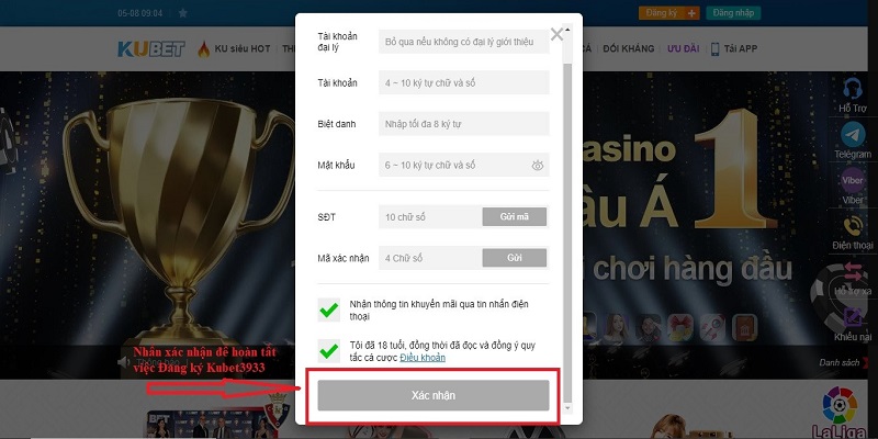 Click xác nhận để tạo tài khoản mới tại Ku3933